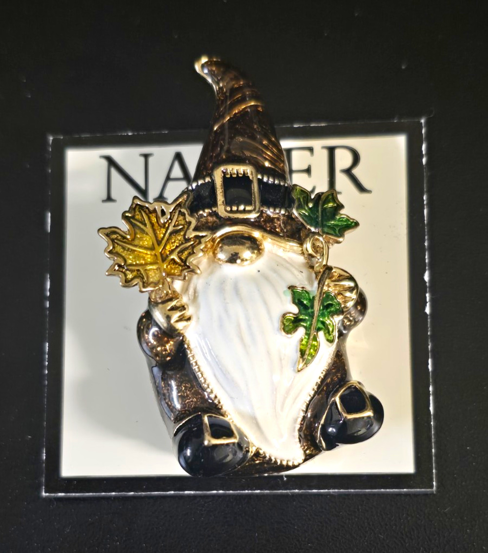 Napier Enamel Gnome Brooch Pin Christmas Gold Tone Black White Green